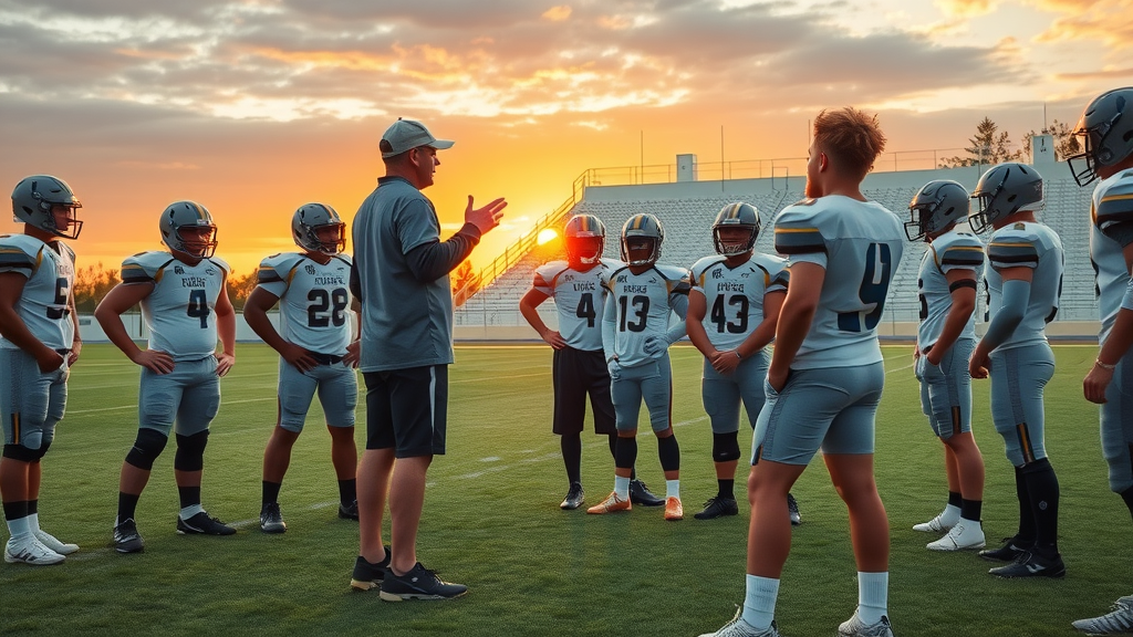 inspiring coach with young football team, encouraging, giving motivational talk before a game, Photorealistic High Fidelity Lifelike, open football field at sunset, highly detailed, team members listening with focus, golden hour lighting, natural turf, shot with a 50mm lens. the importance of american football