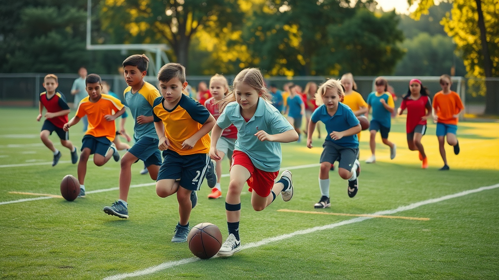 diverse group of youth athletes, determined, playing flag football and tackle football side-by-side, Cinematic, vibrant green youth football field, highly detailed, movement and action, sunlight filtering through trees, bright and lively uniforms, natural outdoor lighting, shot with a medium telephoto lens. flag football youth football tackle football