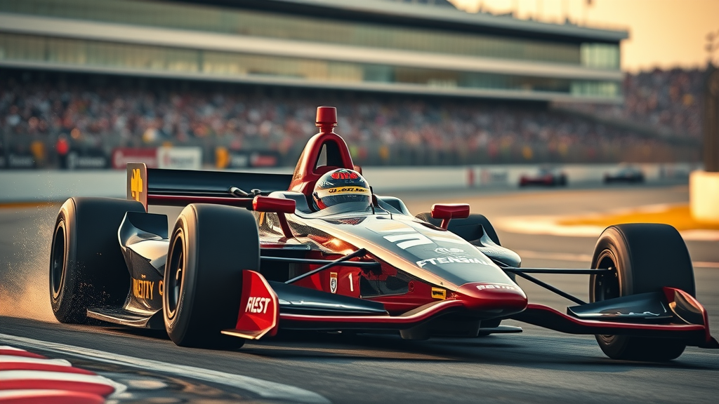 indycar car driver turning sharp bend at motor speedway, sparks and rubber, high drama