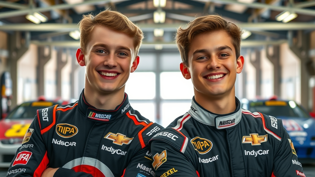 young nascar and indycar drivers, confident in dual garage, dust and color in the background