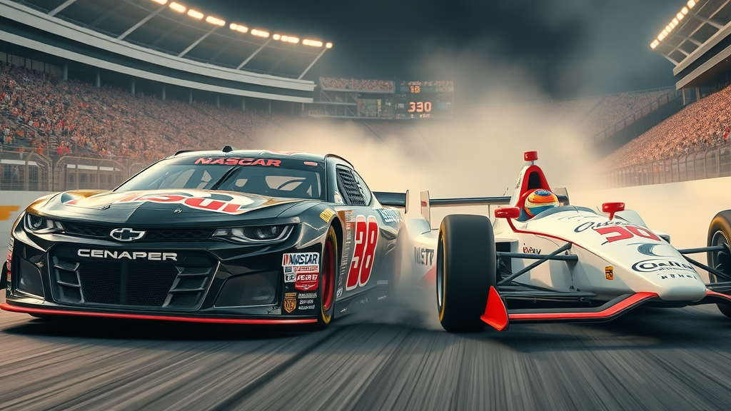 nascar vs indy car series motorsport clash, detailed stock car and IndyCar racing side by side, full stadium