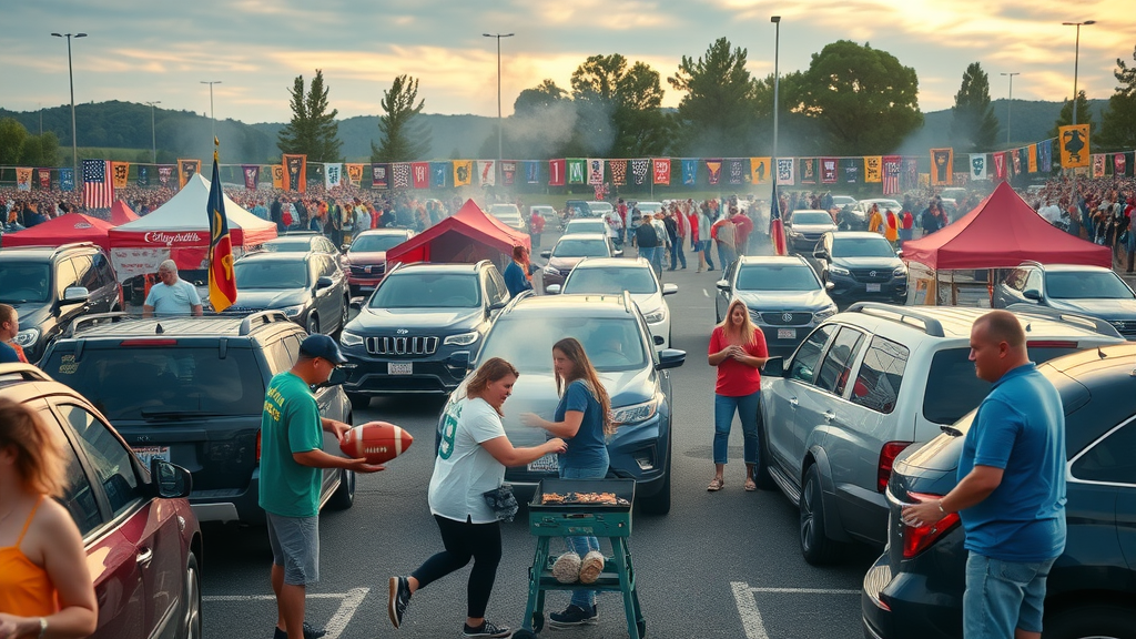 festive tailgating scene, joyful, fans grilling and playing games before a football match, Photorealistic High Fidelity Lifelike, parking lot filled with decorated vehicles and tents, highly detailed, smoke from barbecue, people tossing a football, team banners, colorful afternoon lighting, shot with a wide-angle lens. american culture popular culture