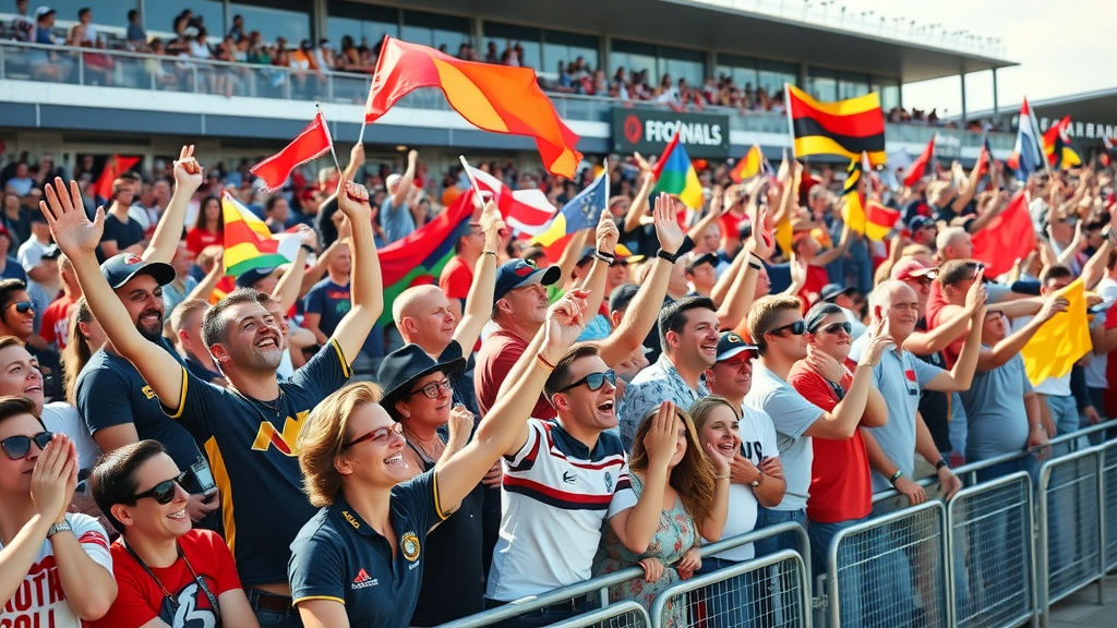 indycar fan base, diverse international crowd cheering, fan banners, daylight