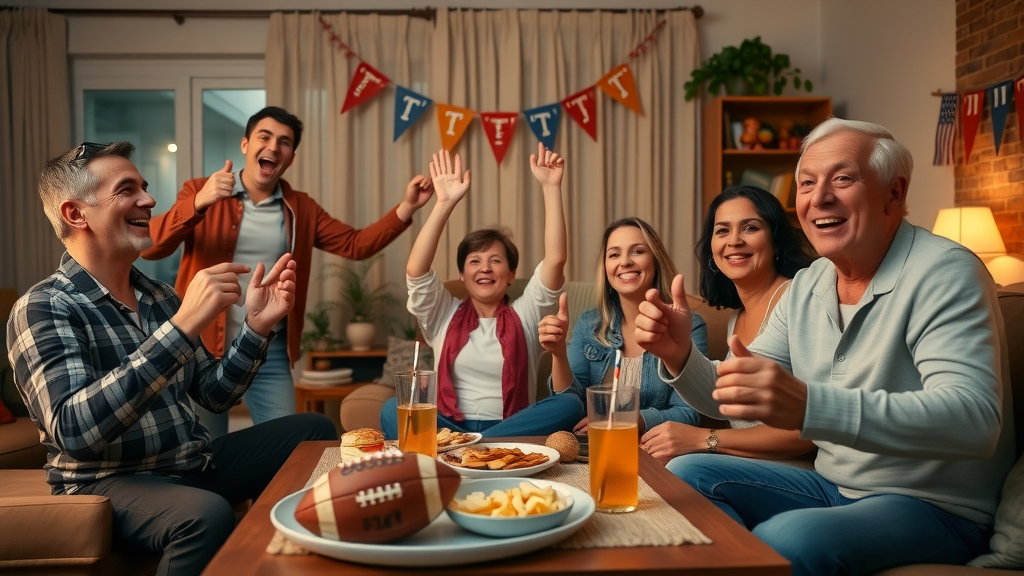 celebratory family and friends at home, nostalgic, cheering while watching a football game, Photorealistic High Fidelity Lifelike, cozy living room with American football decorations, highly detailed, snacks and drinks on the table, warm color palette, soft indoor lighting, shot with a 35mm lens. american football