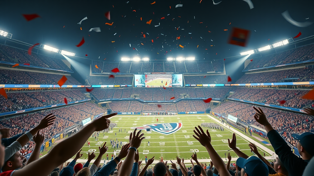 dynamic American football stadium filled with fans, energetic, players in action, Photorealistic High Fidelity Lifelike, nighttime city stadium with glowing lights and enthusiastic crowd, highly detailed, waving team flags, confetti in air, vibrant team colors, dramatic stadium lighting, shot with a wide-angle lens. the importance of american football