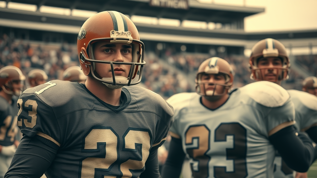 historic black and white moment, determined, American football players in vintage uniforms, Cinematic, classic stadium stands from early 20th century, highly detailed, vintage equipment and leather helmets, aged color tones, soft vintage lighting, shot with an old-fashioned lens. the importance of american football