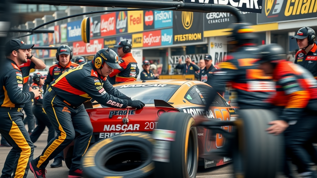 nascar fan base, pit stop, passionate crew, motion blur tire change, sponsor banners